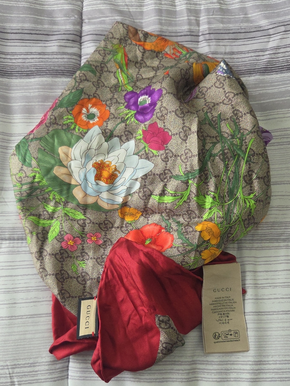 Gucci Brown Monogram Floral Silk Scarf with Red Accent